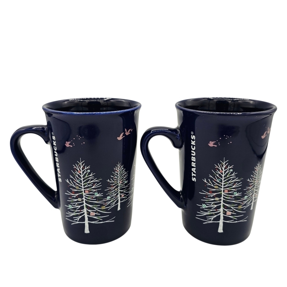 Starbucks Blue Night Coffee Tea Mug Cup 10oz Moon Christmas Trees 2019 set of 2